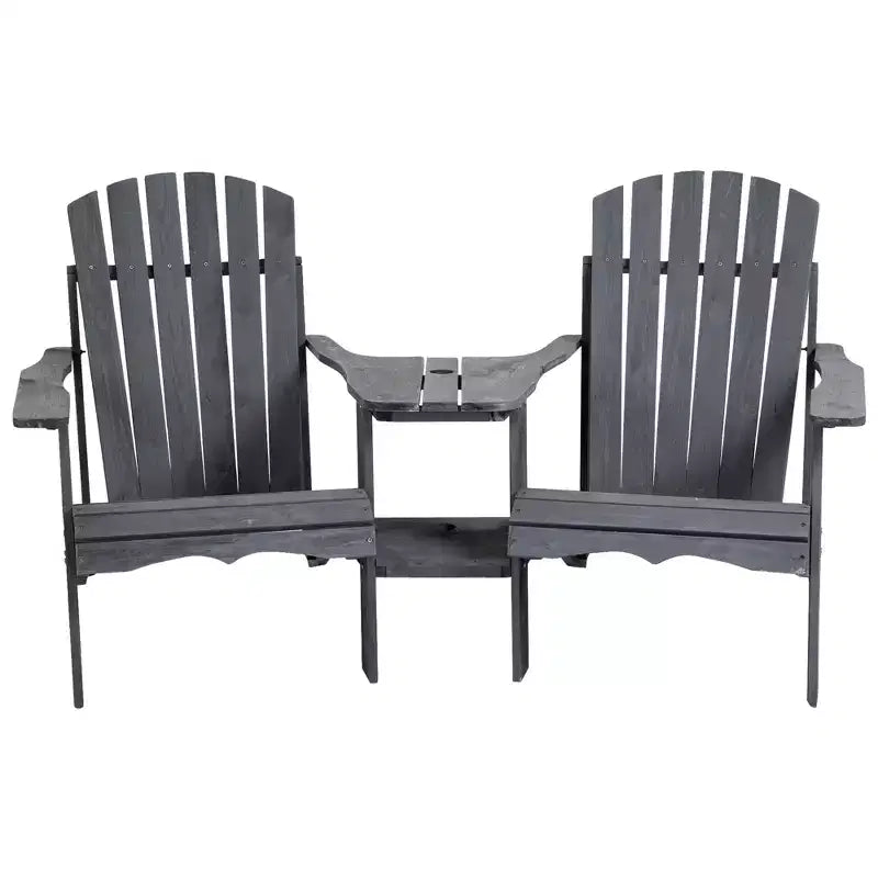 Outsunny Set di 3 Sedie Adirondack in Legno, Doppio Posto da Esterno con Tavolino Centrale e Foro per Ombrellone per Patio, Giardino, Terrazza, Focolare