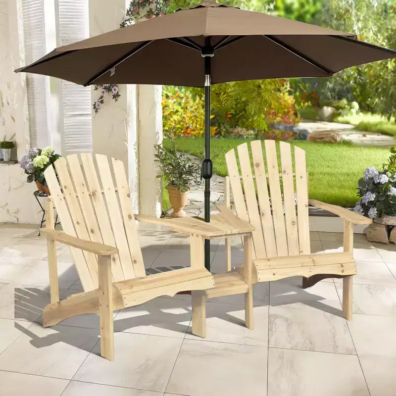 Outsunny Set di 3 Sedie Adirondack in Legno, Doppio Posto da Esterno con Tavolino Centrale e Foro per Ombrellone per Patio, Giardino, Terrazza, Focolare