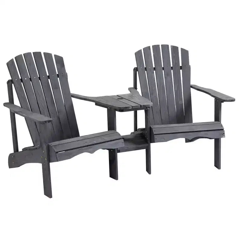 Outsunny Set of 3 Wooden Adirondack Chairs, Outdoor Double Seat with Center Table and Umbrella Hole for Patio, Backyard, Deck, Fire Pit
