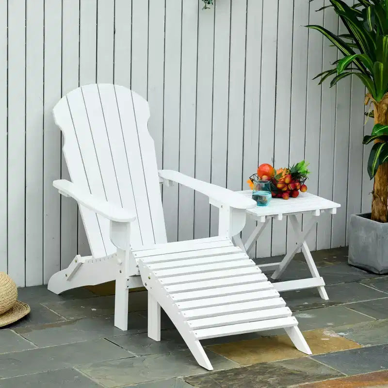 Set 3 Pezzi Pieghevole di Sedie Adirondack Outsunny con Pouf e Tavolino Laterale, Mobili da Esterno in Legno per Patio, per Zona Fuoco