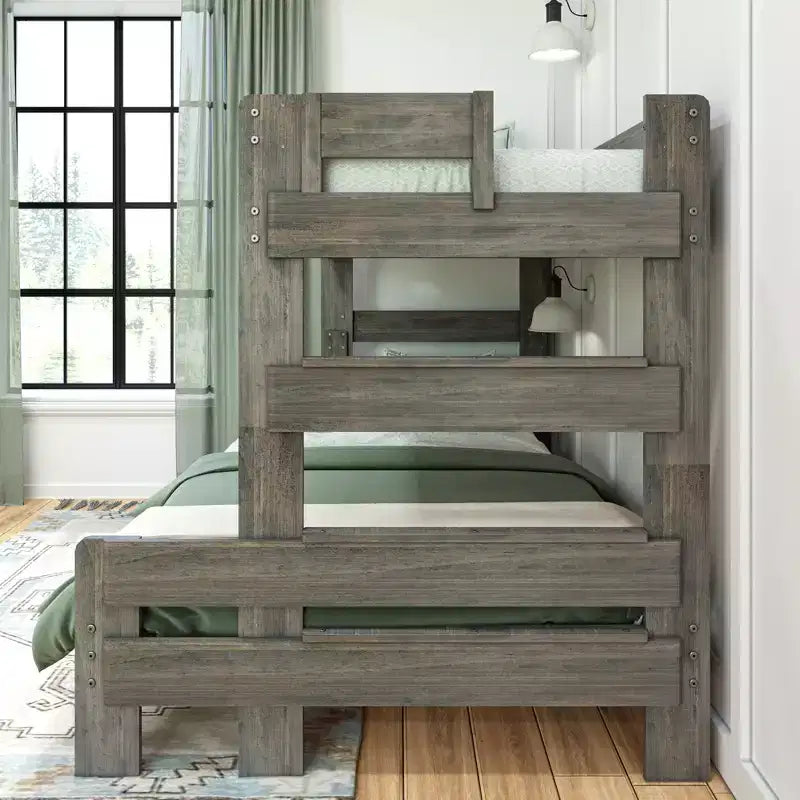 Letto a castello singolo sopra una piazza e mezza, letti a castello in legno massello stile fattoria moderna per bambini