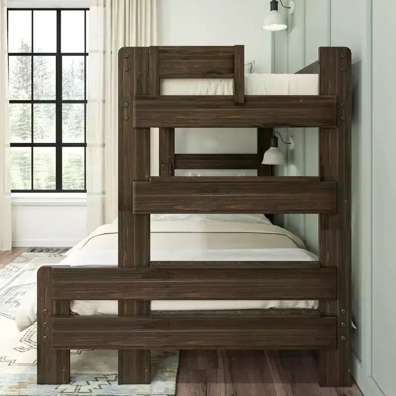 Bunk Bed Twin over Full Size, Modern Farmhouse Solid Wood Bunk Beds for Kids