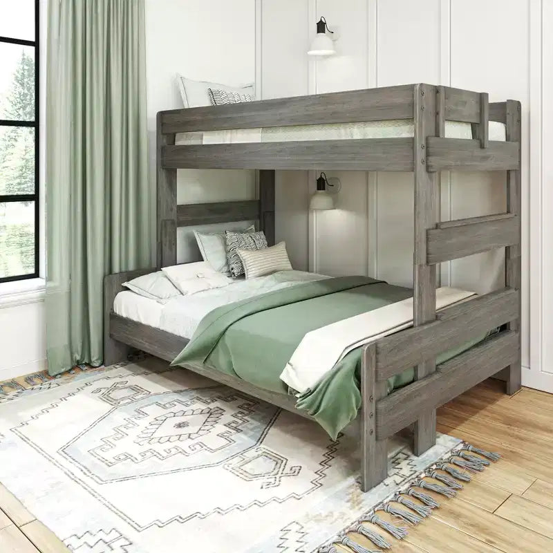 Bunk Bed Twin over Full Size, Modern Farmhouse Solid Wood Bunk Beds for Kids