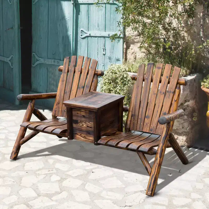 Outsunny Panca a Due Posti Adirondack in Legno con Secchiello del Ghiaccio Integrato, Tavolino, Look Rustico e Vernice Resistente alle Intemperie