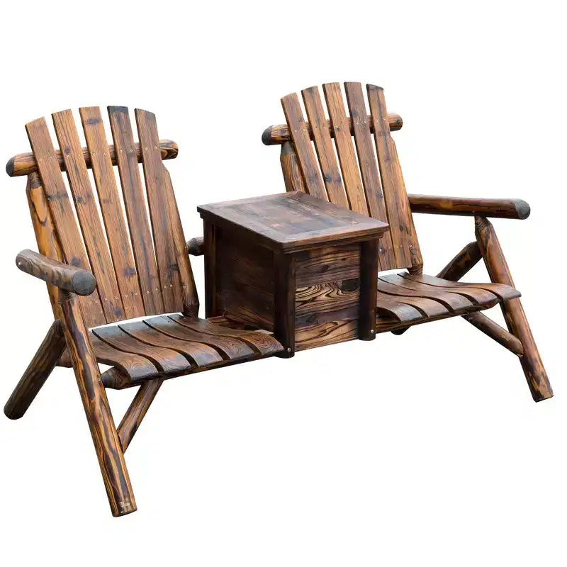 Outsunny Panca a Due Posti Adirondack in Legno con Secchiello del Ghiaccio Integrato, Tavolino, Look Rustico e Vernice Resistente alle Intemperie