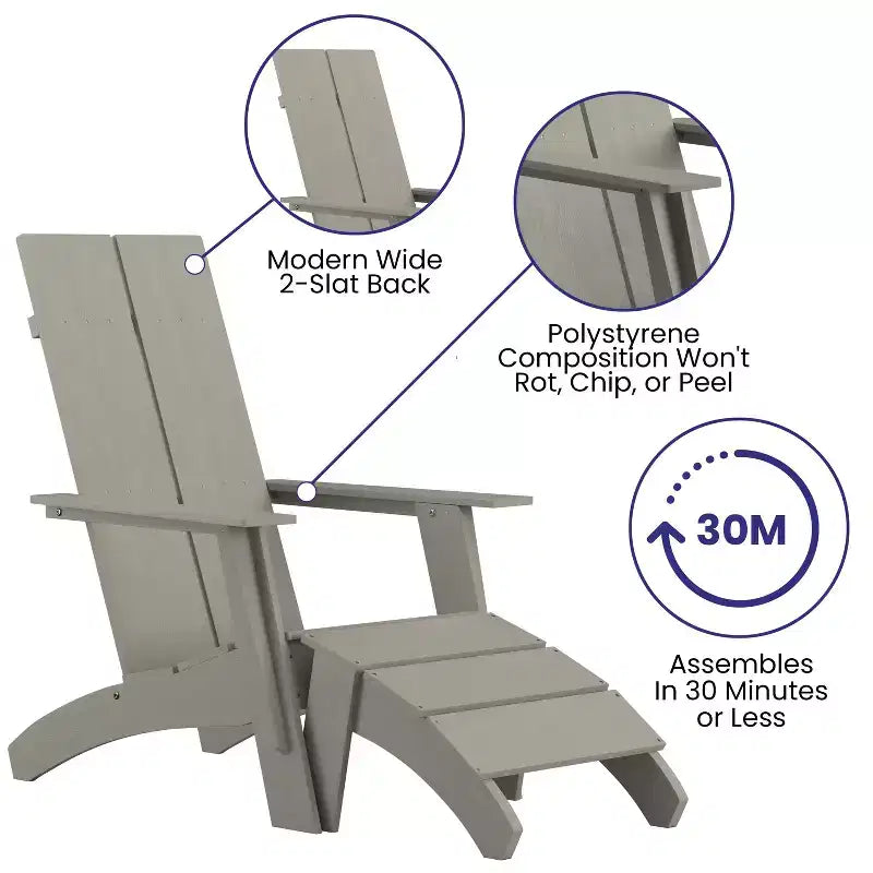 Sedia da patio Merrick Lane Adirondack moderna con schienale a doghe e poggiapiedi abbinato