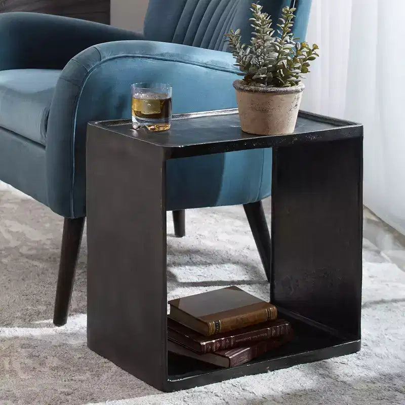 Tavolino laterale/finale industriale anticato color nichel, 20 x 12, con contenitore, nero, per soggiorno, camera da letto, comodino, ingresso, casa