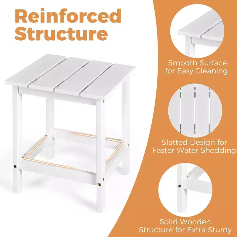 Costway Set Tavolino Laterale per Sedie Adirondack da Patio 3 Pezzi in Legno Massello Giardino Terrazza Bianco