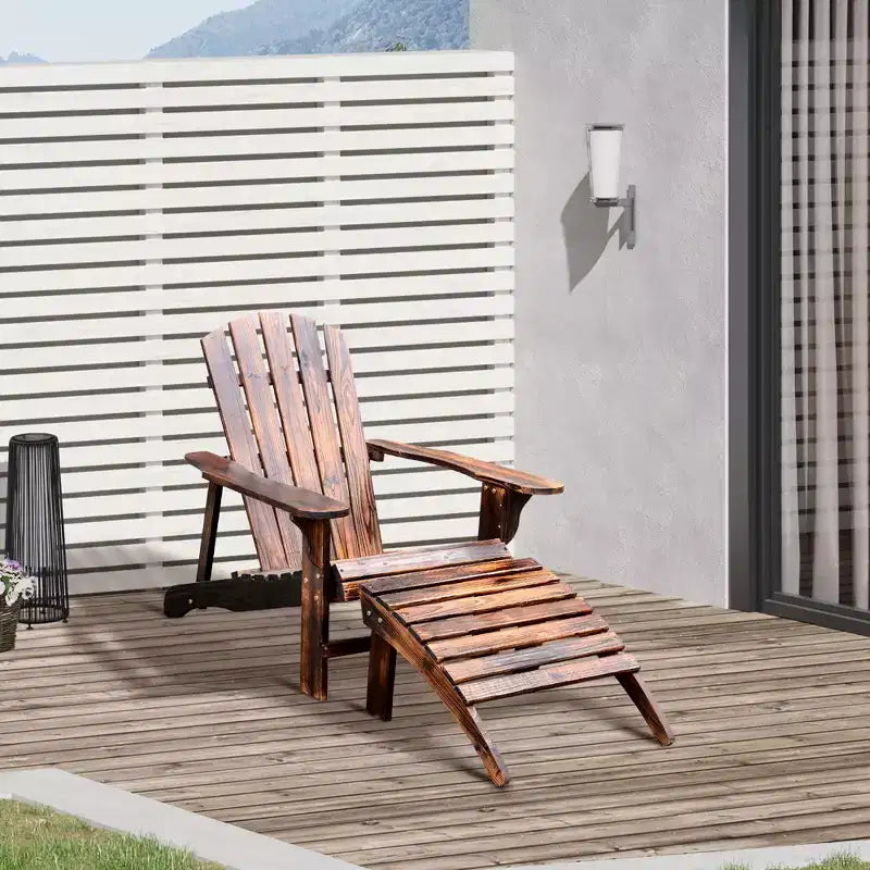 Sedia Adirondack Outsunny con pouf, sedia da esterno in legno con poggiapiedi e braccioli larghi per cortile, giardino, prato, marrone rustico