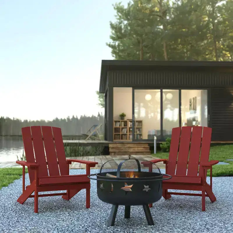 Flash Furniture Ensemble de 3 chaises Adirondack en résine et bois Charlestown avec foyer – Foyer étoiles et lune avec couvercle en maille