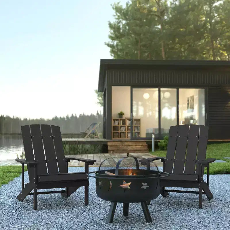 Flash Furniture Ensemble de 3 chaises Adirondack en résine et bois Charlestown avec foyer – Foyer étoiles et lune avec couvercle en maille