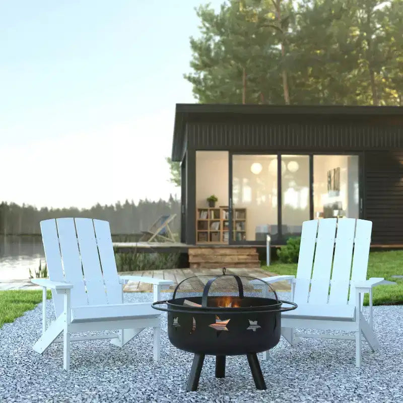 Flash Furniture Ensemble de 3 chaises Adirondack en résine et bois Charlestown avec foyer – Foyer étoiles et lune avec couvercle en maille