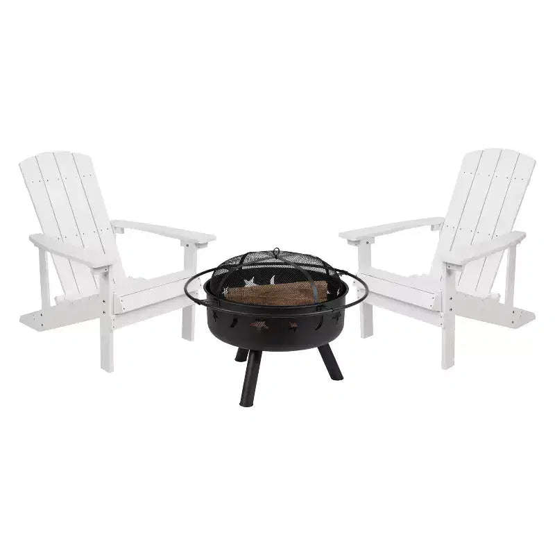 Flash Furniture 3 Piece Charlestown Poly Resin Wood Adirondack Chair Set with Fire Pit - Star and Moon Fire Pit with Mesh Cover