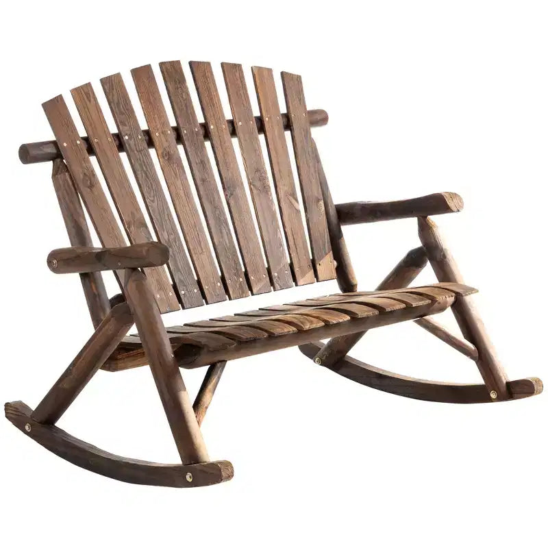 Sedia a dondolo Outsunny Adirondack da esterno con design a doghe in legno, dondolo a 2 posti in legno per patio con schienale alto per prato e giardino