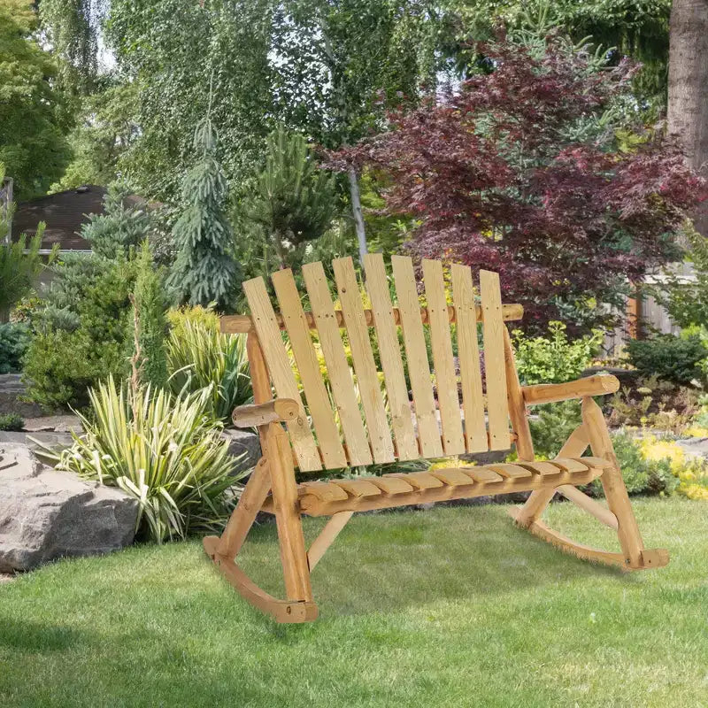 Sedia a dondolo Outsunny Adirondack da esterno con design a doghe in legno, dondolo a 2 posti in legno per patio con schienale alto per prato e giardino