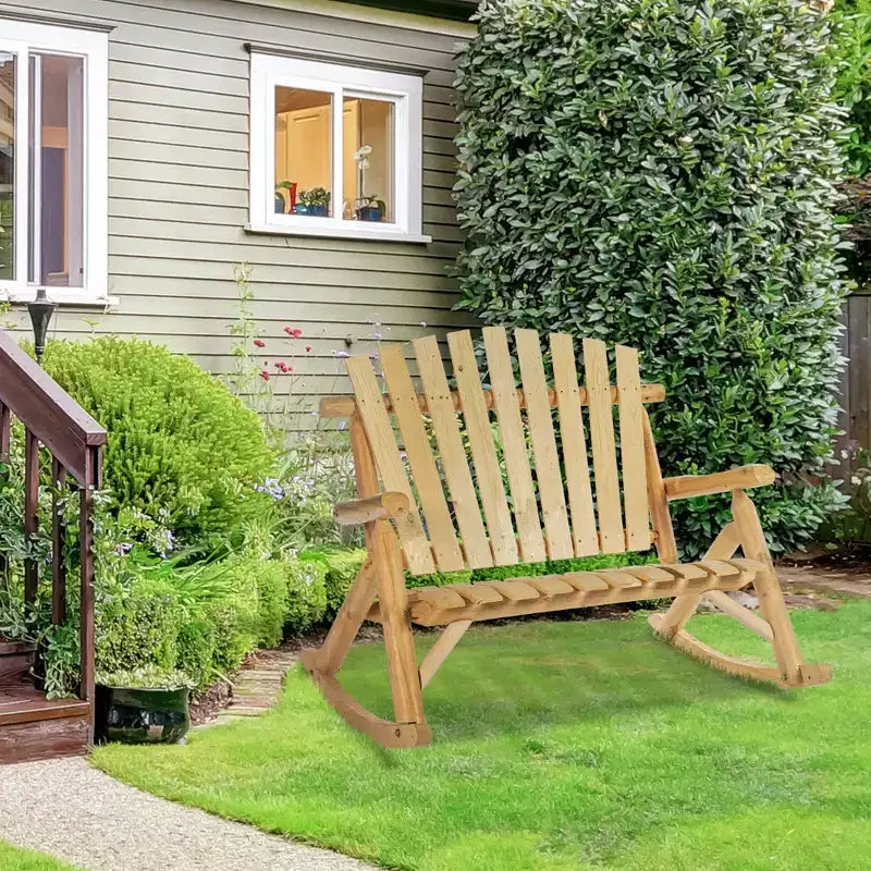 Sedia a dondolo Outsunny Adirondack da esterno con design a doghe in legno, dondolo a 2 posti in legno per patio con schienale alto per prato e giardino