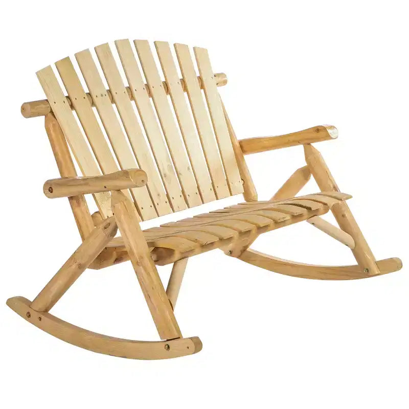 Sedia a dondolo Outsunny Adirondack da esterno con design a doghe in legno, dondolo a 2 posti in legno per patio con schienale alto per prato e giardino