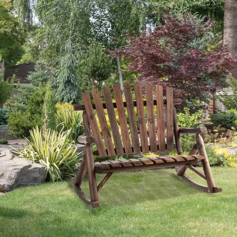 Sedia a dondolo Outsunny Adirondack da esterno con design a doghe in legno, dondolo a 2 posti in legno per patio con schienale alto per prato e giardino