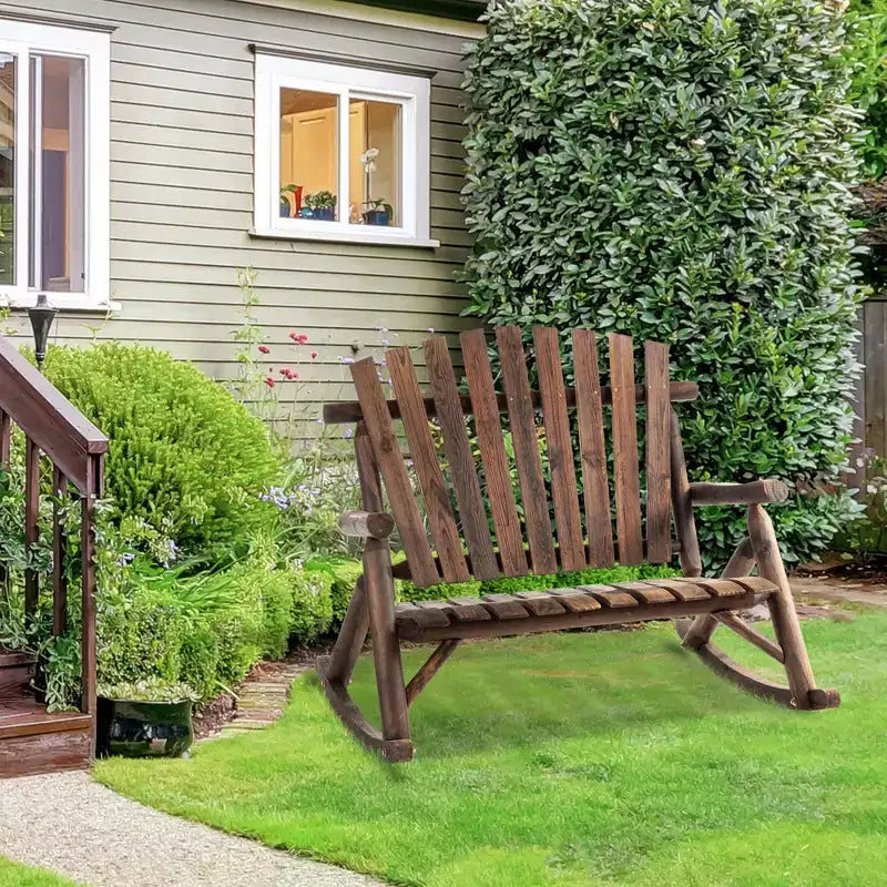 Sedia a dondolo Outsunny Adirondack da esterno con design a doghe in legno, dondolo a 2 posti in legno per patio con schienale alto per prato e giardino