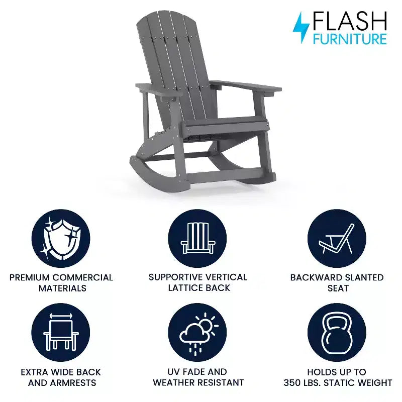 Sedia a dondolo Flash Furniture Savannah Adirondack in poliresina effetto legno per tutte le stagioni con accessori in acciaio inossidabile resistenti alla ruggine