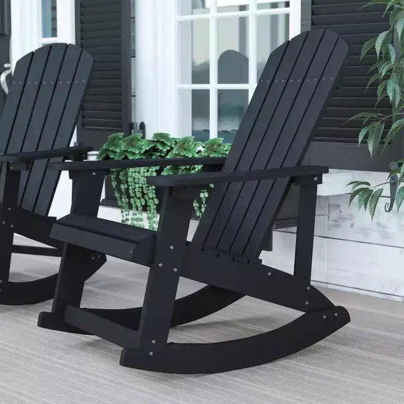 Sedia a dondolo Flash Furniture Savannah Adirondack in poliresina effetto legno per tutte le stagioni con accessori in acciaio inossidabile resistenti alla ruggine