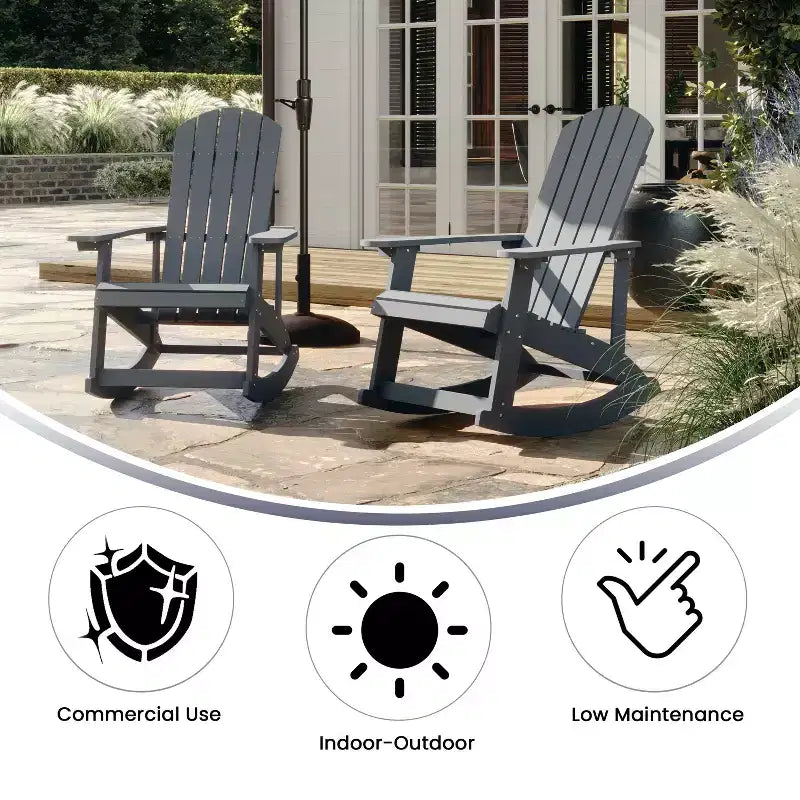 Sedia a dondolo Flash Furniture Savannah Adirondack in poliresina effetto legno per tutte le stagioni con accessori in acciaio inossidabile resistenti alla ruggine