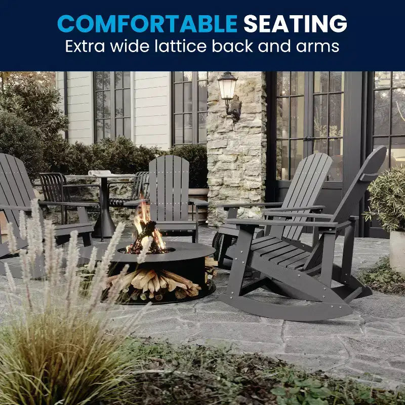 Sedia a dondolo Flash Furniture Savannah Adirondack in poliresina effetto legno per tutte le stagioni con accessori in acciaio inossidabile resistenti alla ruggine