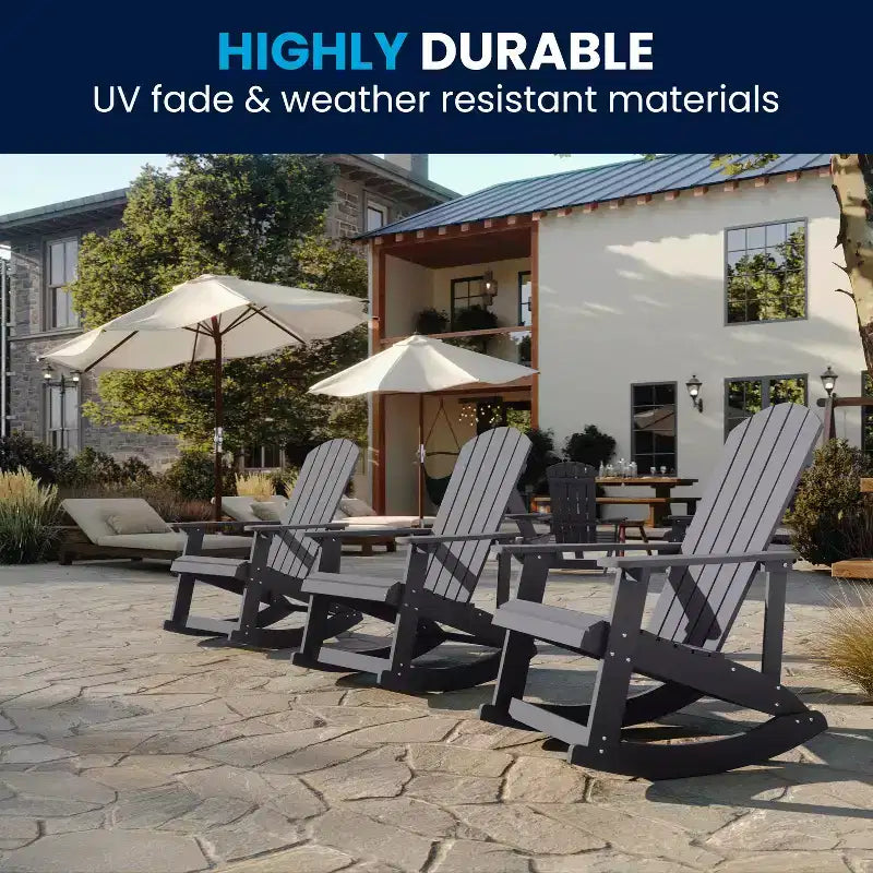Sedia a dondolo Flash Furniture Savannah Adirondack in poliresina effetto legno per tutte le stagioni con accessori in acciaio inossidabile resistenti alla ruggine