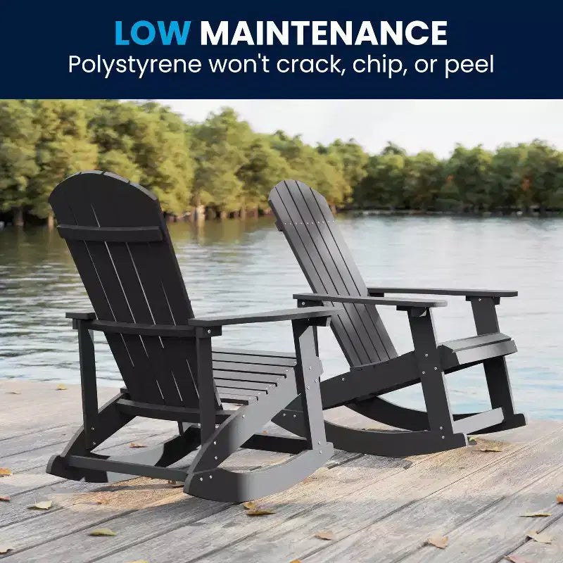 Sedia a dondolo Flash Furniture Savannah Adirondack in poliresina effetto legno per tutte le stagioni con accessori in acciaio inossidabile resistenti alla ruggine