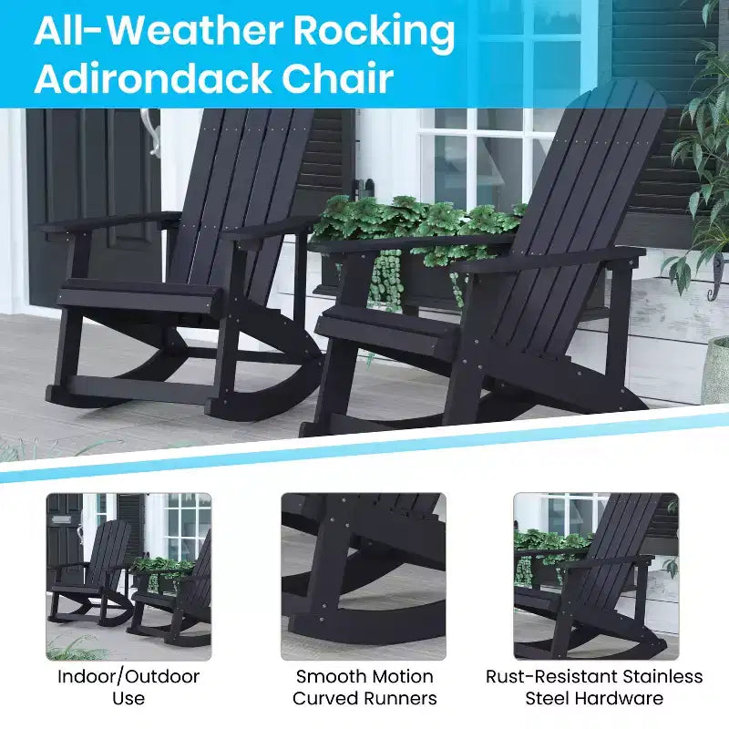Sedia a dondolo Flash Furniture Savannah Adirondack in poliresina effetto legno per tutte le stagioni con accessori in acciaio inossidabile resistenti alla ruggine