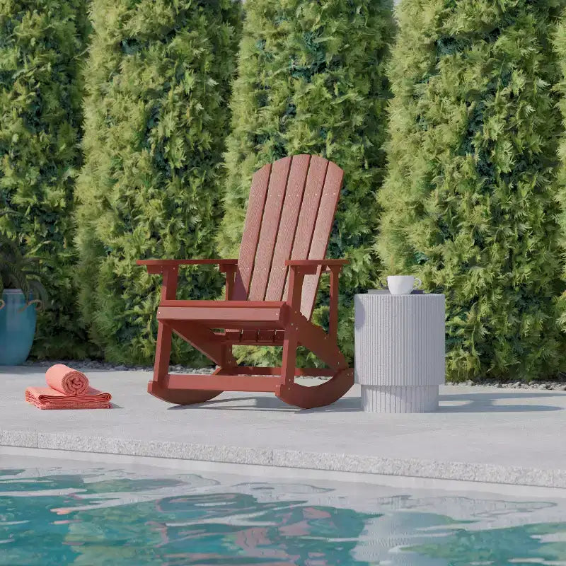 Sedia a dondolo Flash Furniture Savannah Adirondack in poliresina effetto legno per tutte le stagioni con accessori in acciaio inossidabile resistenti alla ruggine