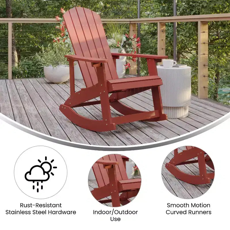 Sedia a dondolo Flash Furniture Savannah Adirondack in poliresina effetto legno per tutte le stagioni con accessori in acciaio inossidabile resistenti alla ruggine