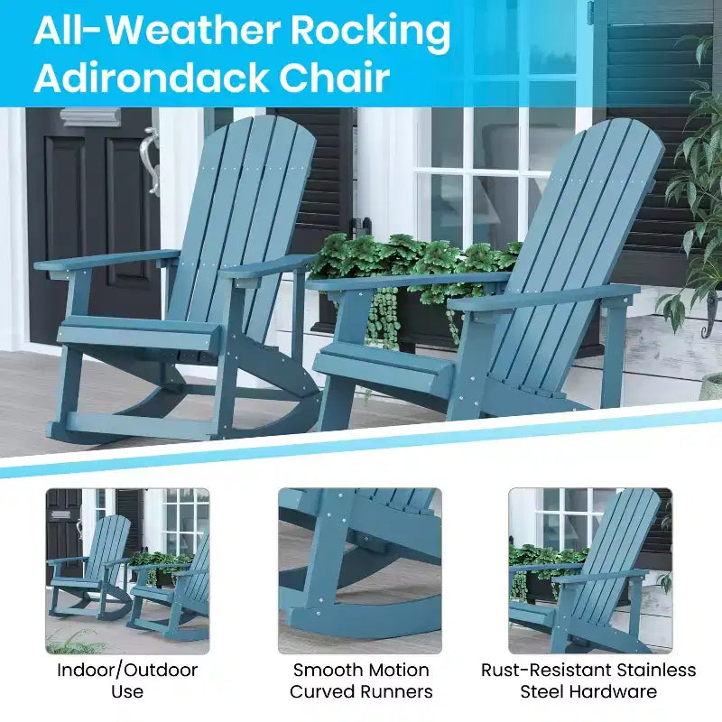 Sedia a dondolo Flash Furniture Savannah Adirondack in poliresina effetto legno per tutte le stagioni con accessori in acciaio inossidabile resistenti alla ruggine