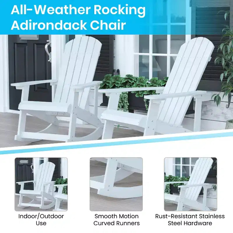 Sedia a dondolo Flash Furniture Savannah Adirondack in poliresina effetto legno per tutte le stagioni con accessori in acciaio inossidabile resistenti alla ruggine