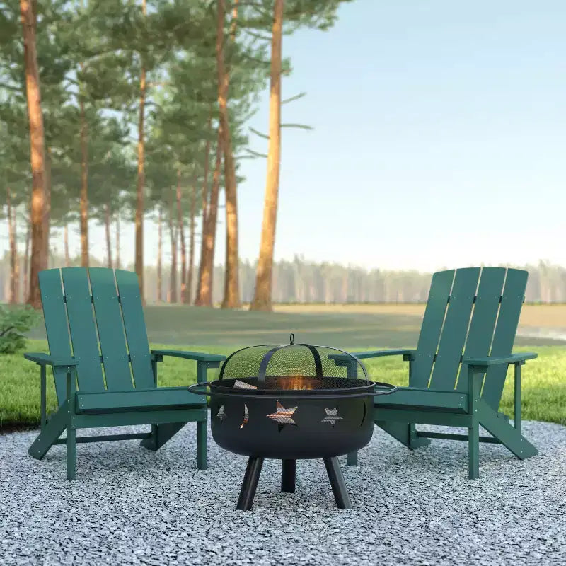 Set da campeggio Emma and Oliver Hartford da tre pezzi con due sedie Adirondack effetto legno e braciere Stelle e Luna con copertura a rete