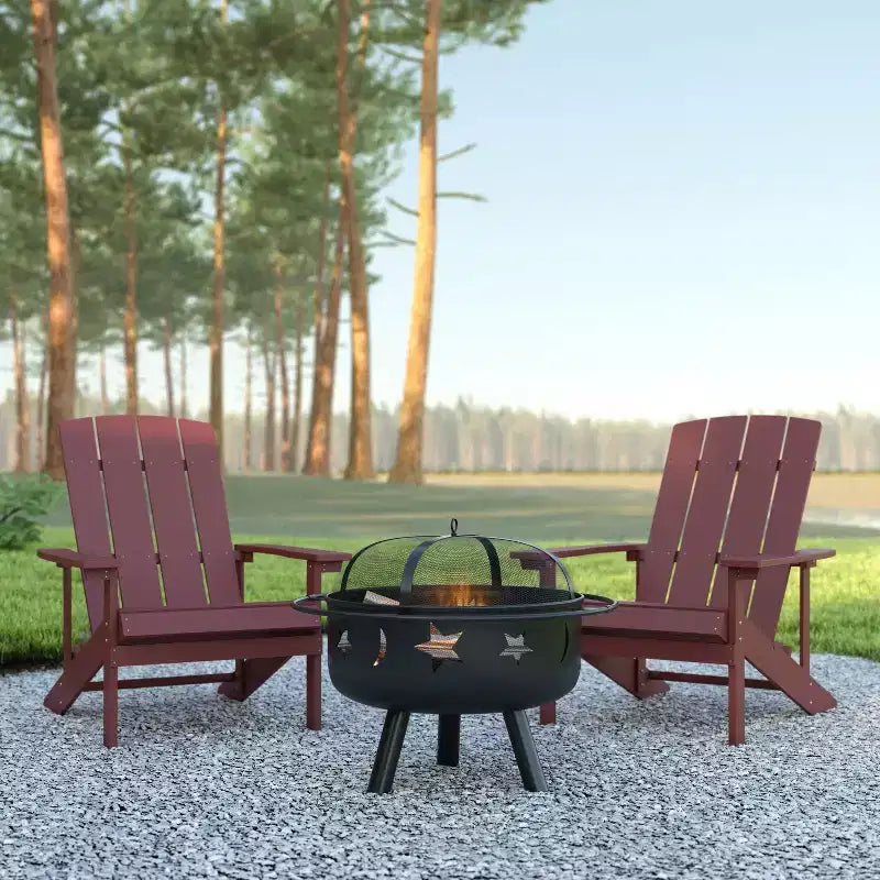 Set da campeggio Emma and Oliver Hartford da tre pezzi con due sedie Adirondack effetto legno e braciere Stelle e Luna con copertura a rete