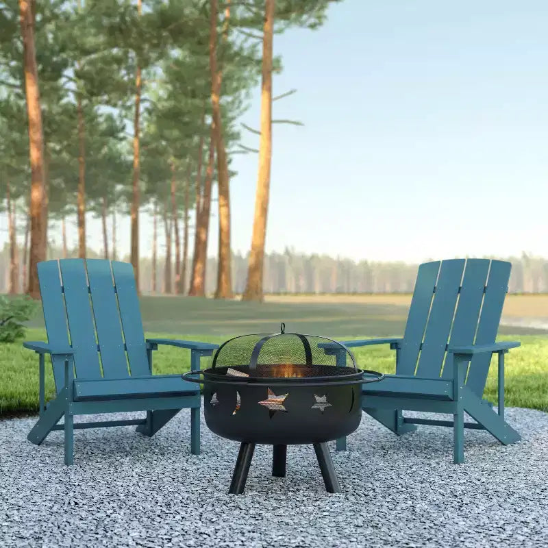 Set da campeggio Emma and Oliver Hartford da tre pezzi con due sedie Adirondack effetto legno e braciere Stelle e Luna con copertura a rete