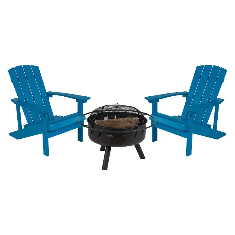 Set da campeggio Emma and Oliver Hartford da tre pezzi con due sedie Adirondack effetto legno e braciere Stelle e Luna con copertura a rete