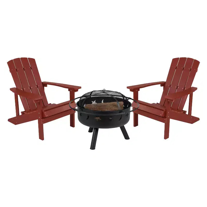 Ensemble de camping Emma et Oliver Hartford trois pièces avec deux chaises Adirondack imitation bois et un foyer étoiles et lune avec couvercle en filet