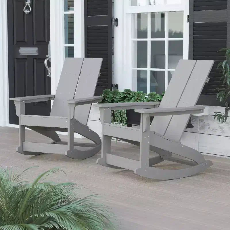 Flash Furniture Finn Moderna Poltrona a Dondolo Adirondack in Poliresina a 2 Doghe per Esterni, Grado Commerciale, con Ferramenta in Acciaio Inossidabile Antiruggine - Set da 2