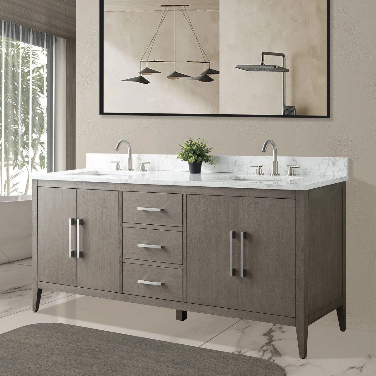 Vanity Art 72 Double Sink Bathroom Vanity Cabinet with Engineered Marble Top