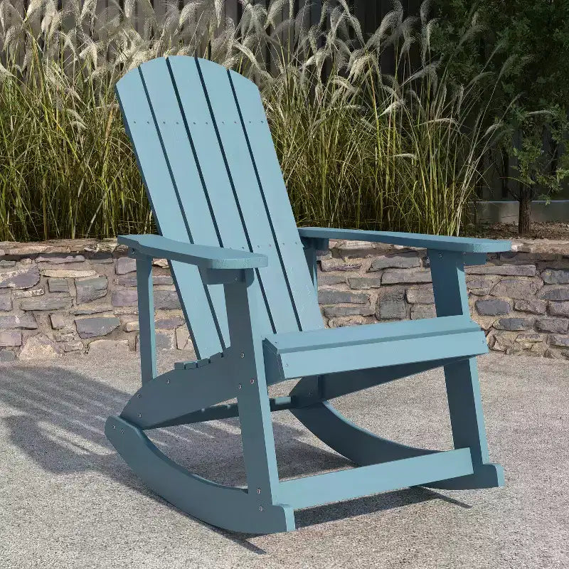 Sedia a dondolo Adirondack Merrick Lane in poliresina per tutte le stagioni con doghe verticali