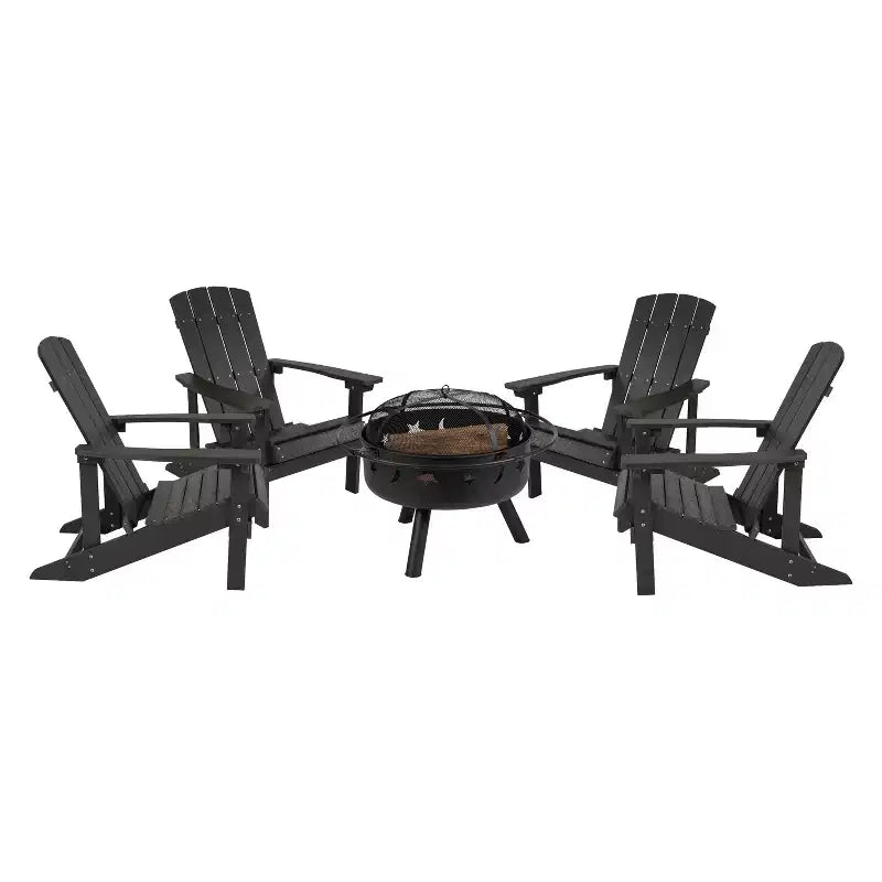 Merrick Lane Ayala 5 Piece Outdoor Leisure Set with Set of 4 Poly Resin Adirondack Chairs and Star and Moon Iron Fire Pit