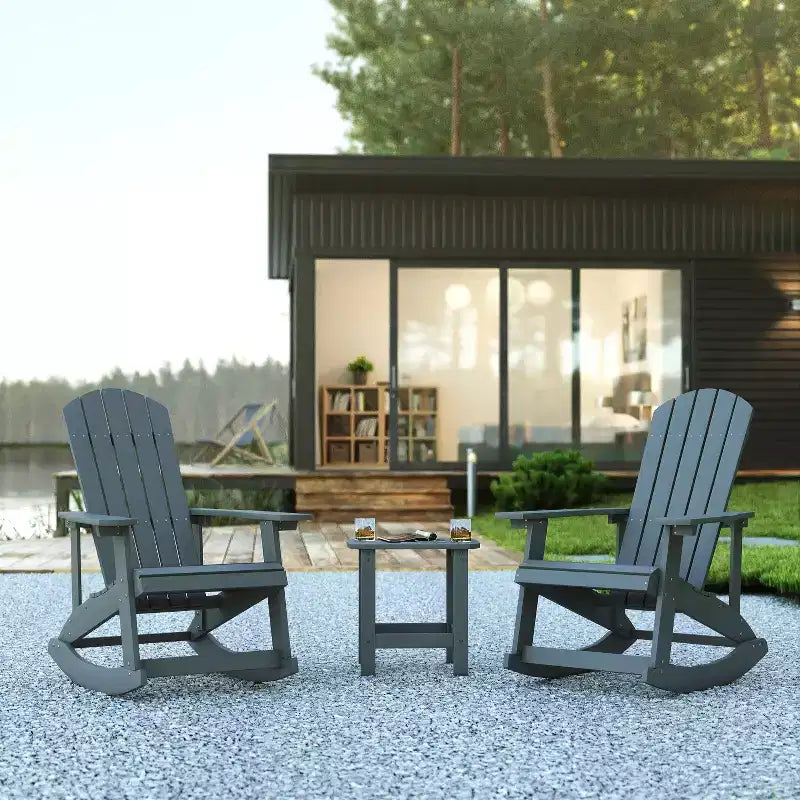 Flash Furniture Set di 2 sedie a dondolo Adirondack in legno di poliresina per tutte le stagioni Savannah con tavolino laterale