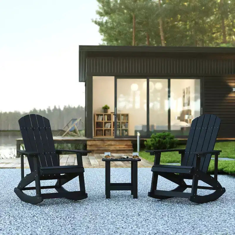 Flash Furniture Set di 2 sedie a dondolo Adirondack in legno di poliresina per tutte le stagioni Savannah con tavolino laterale