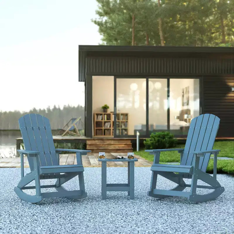 Flash Furniture Set di 2 sedie a dondolo Adirondack in legno di poliresina per tutte le stagioni Savannah con tavolino laterale