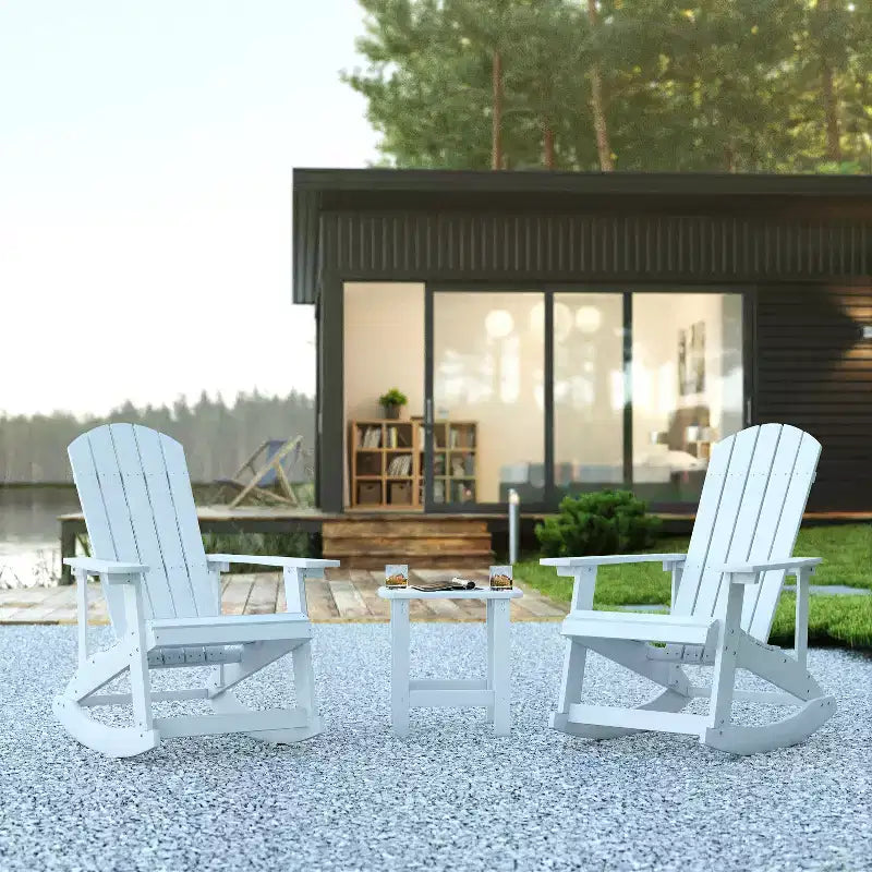Flash Furniture Set di 2 sedie a dondolo Adirondack in legno di poliresina per tutte le stagioni Savannah con tavolino laterale