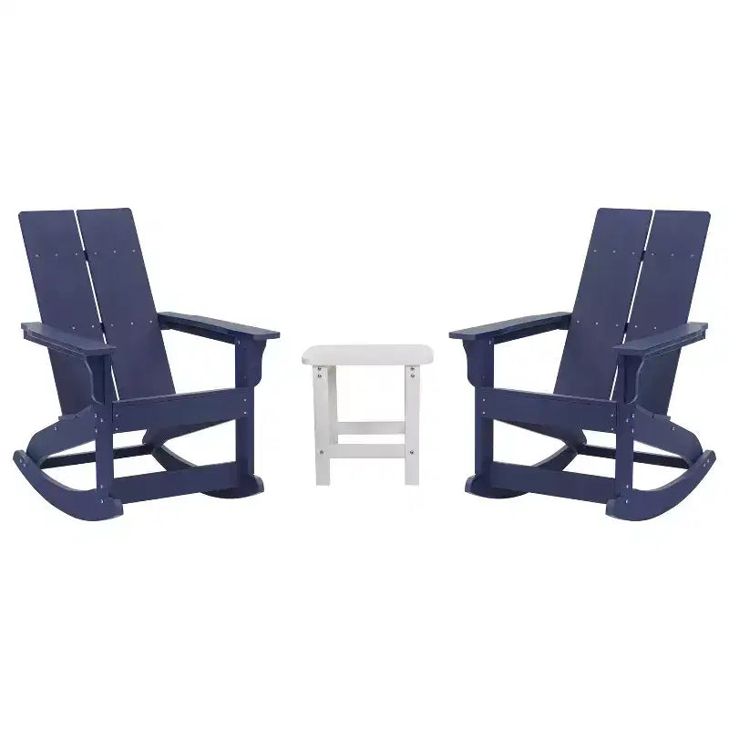 Flash Furniture Set of 2 Finn Modern Commercial Grade All-Weather 2-Slat Poly Resin Rocking Adirondack Chairs with Side Table