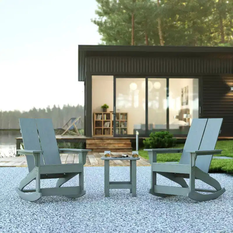 Flash Furniture Set di 2 Finn Sedie a Dondolo Adirondack in Poliresina a 2 Listelli Resistenti alle Intemperie, di Grado Commerciale, Moderne, con Tavolino Laterale