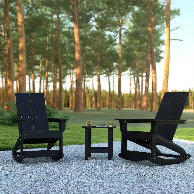 Emma et Oliver Ensemble de 2 fauteuils à bascule Adirondack modernes tout temps en résine de polyéthylène avec table d'appoint pour l'extérieur